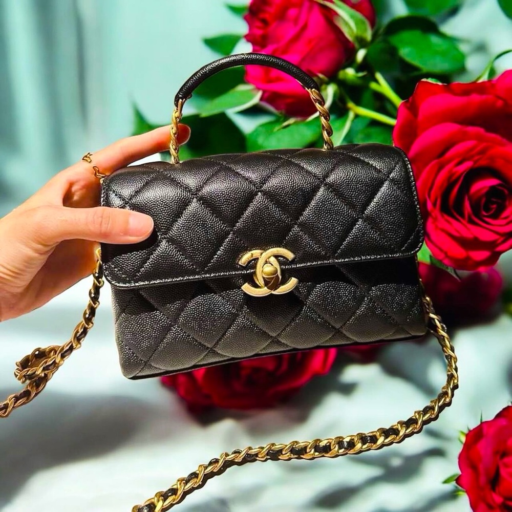 CHANEL 23S Classic Top  Handle Flap Black Caviar Leather Gold HWR Small Bag!